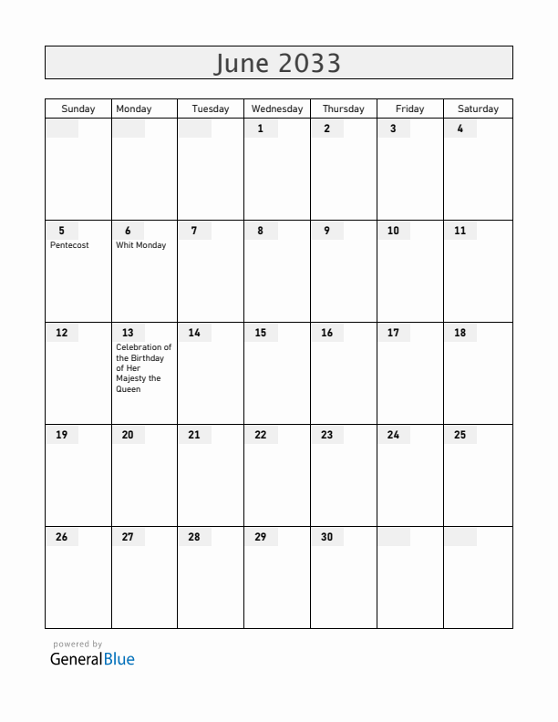 Anguilla June 2033 Calendar with Holidays