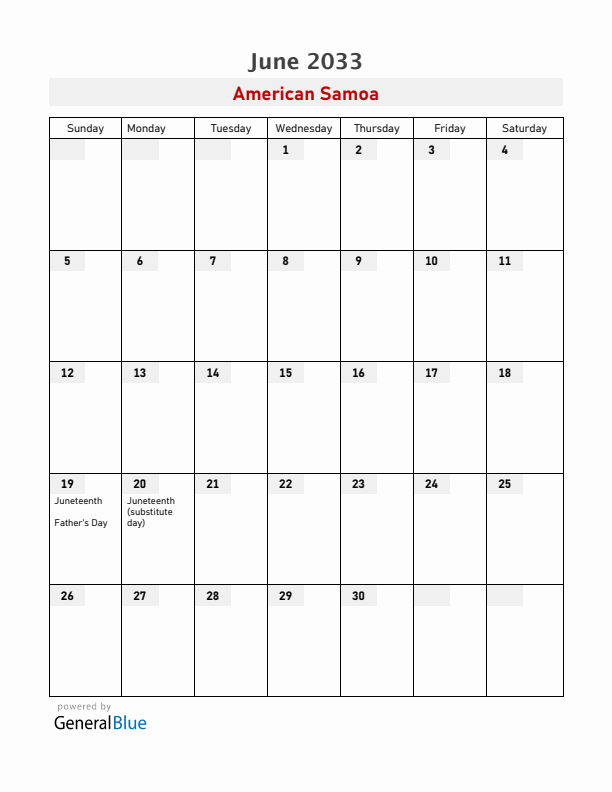 American Samoa June 2033 Calendar with Holidays