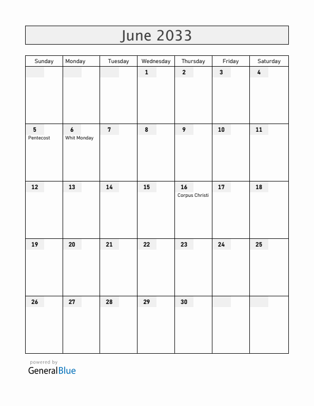 Austria June 2033 Calendar with Holidays