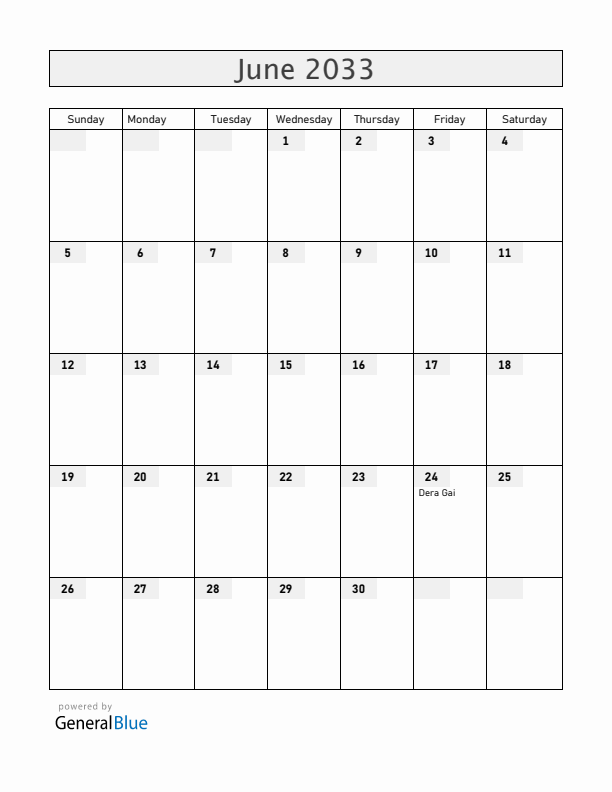 Aruba June 2033 Calendar with Holidays