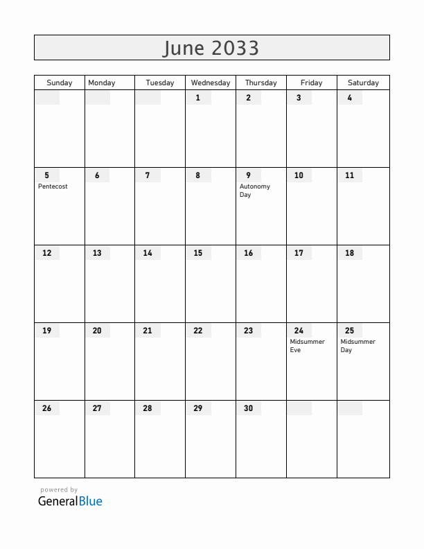 Aland Islands June 2033 Calendar with Holidays