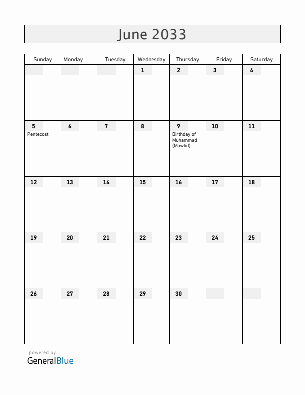 Burkina Faso June 2033 Calendar with Holidays