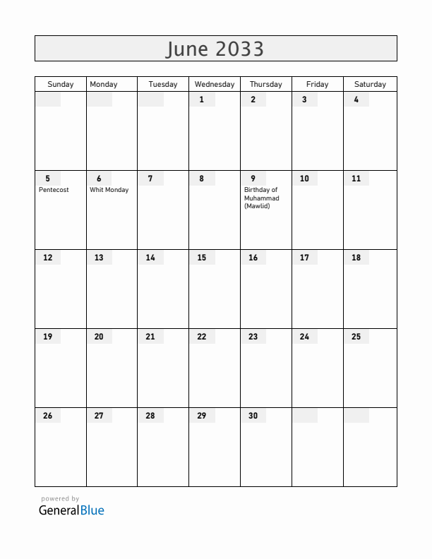 Benin June 2033 Calendar with Holidays