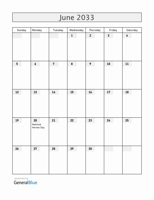 Bermuda June 2033 Calendar with Holidays