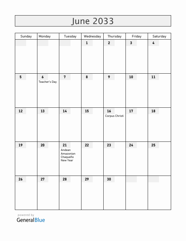 Bolivia June 2033 Calendar with Holidays
