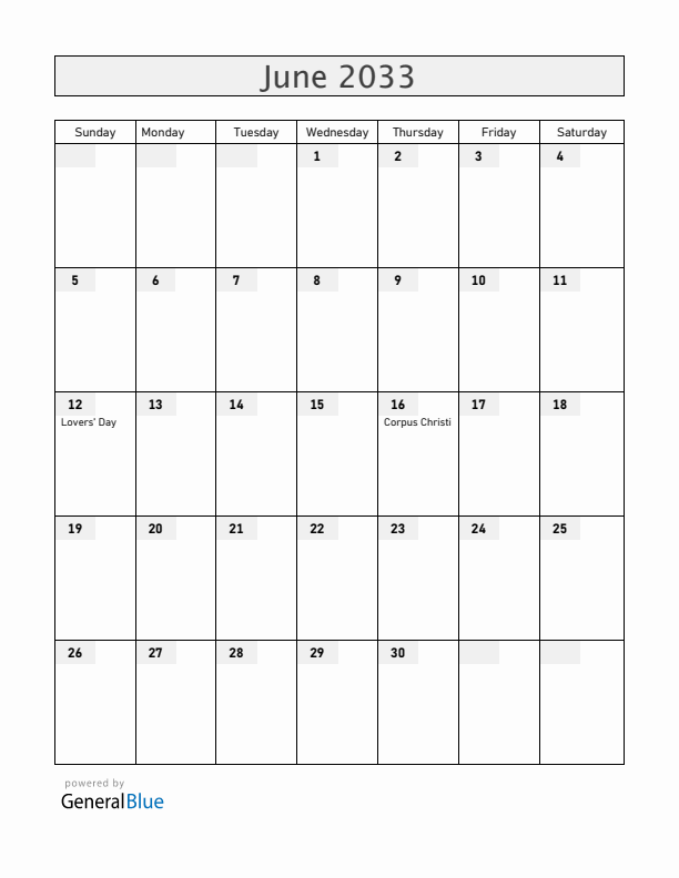 Brazil June 2033 Calendar with Holidays