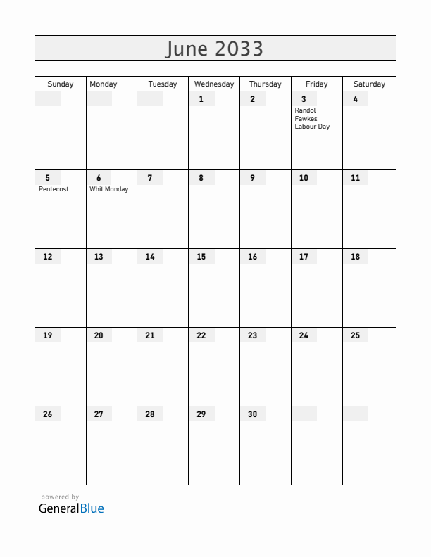 Bahamas June 2033 Calendar with Holidays