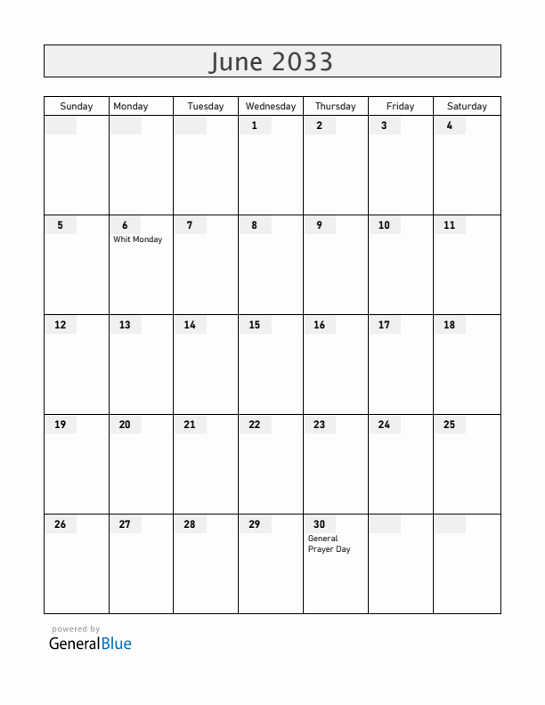 Central African Republic June 2033 Calendar with Holidays