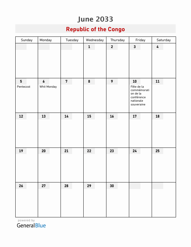 Republic of the Congo June 2033 Calendar with Holidays
