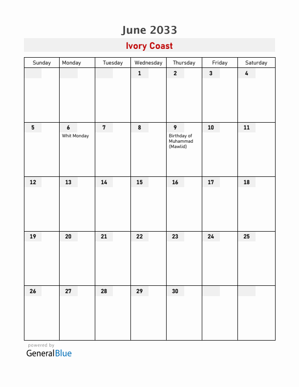 Ivory Coast June 2033 Calendar with Holidays