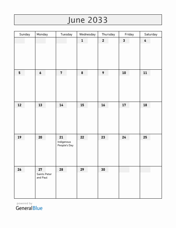 Chile June 2033 Calendar with Holidays