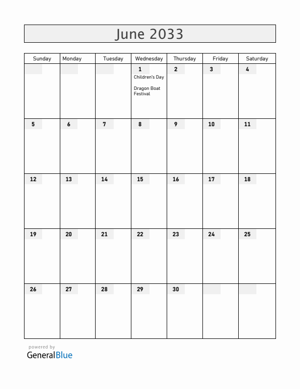 China June 2033 Calendar with Holidays