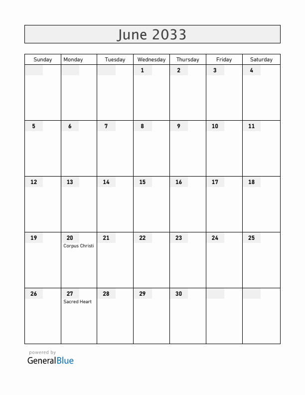 Colombia June 2033 Calendar with Holidays