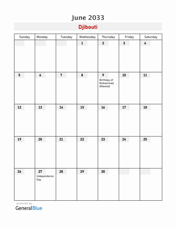 Djibouti June 2033 Calendar with Holidays