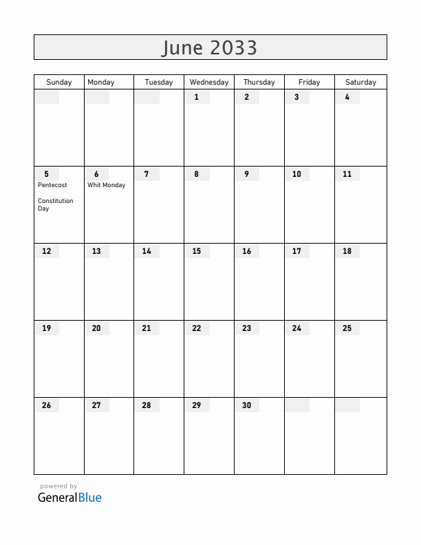 Denmark June 2033 Calendar with Holidays
