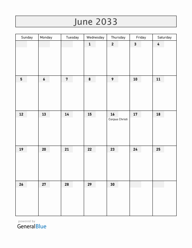 Dominican Republic June 2033 Calendar with Holidays
