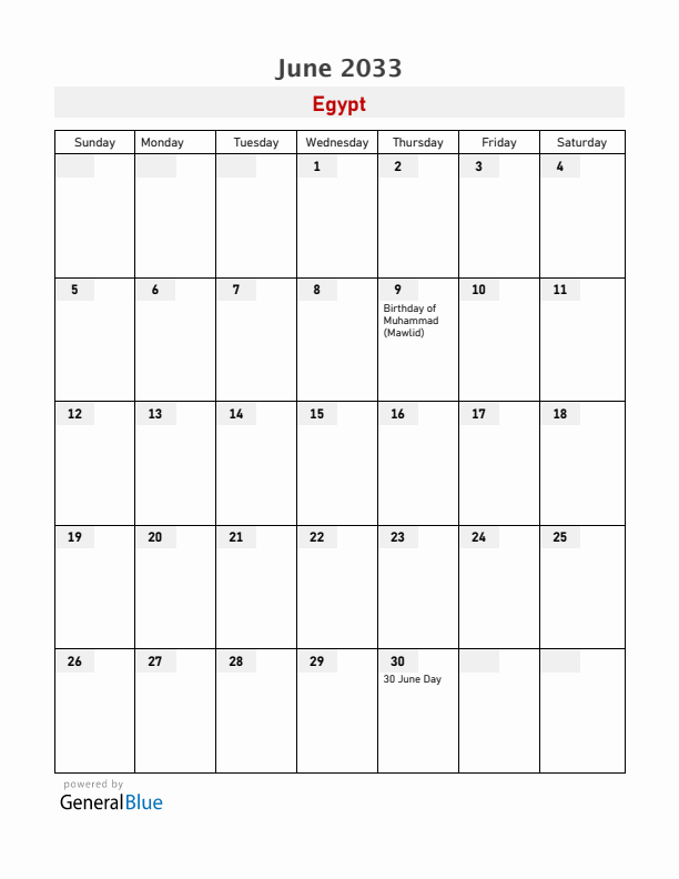 Egypt June 2033 Calendar with Holidays