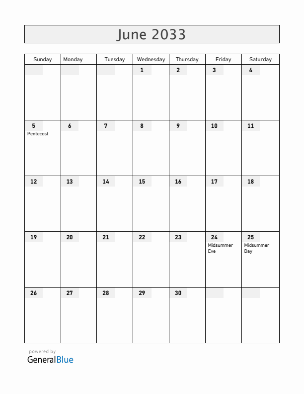Finland June 2033 Calendar with Holidays
