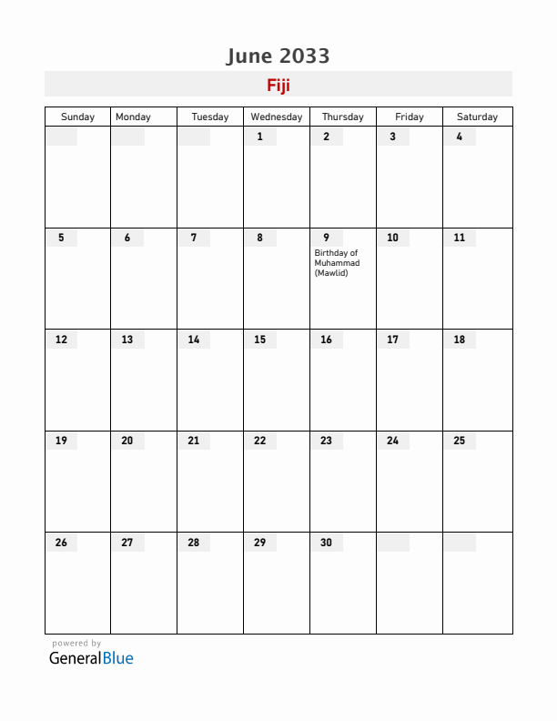 Fiji June 2033 Calendar with Holidays