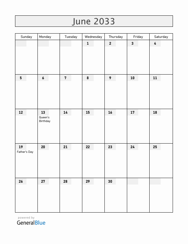 Gibraltar June 2033 Calendar with Holidays