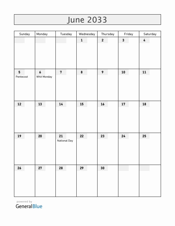 Greenland June 2033 Calendar with Holidays