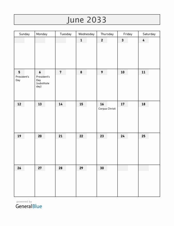Equatorial Guinea June 2033 Calendar with Holidays