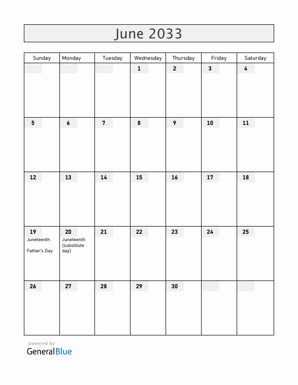 Guam June 2033 Calendar with Holidays