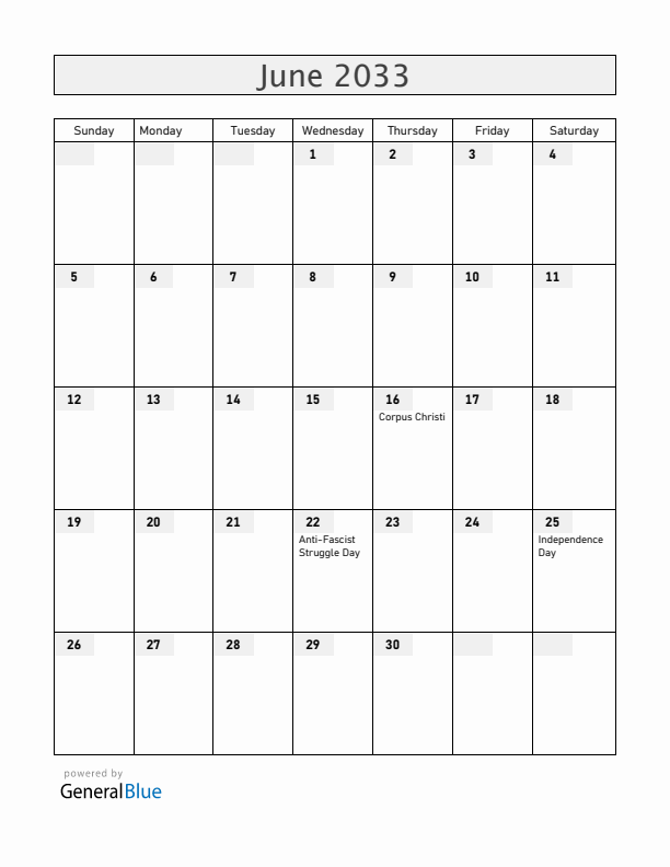Croatia June 2033 Calendar with Holidays