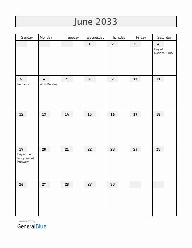 Hungary June 2033 Calendar with Holidays