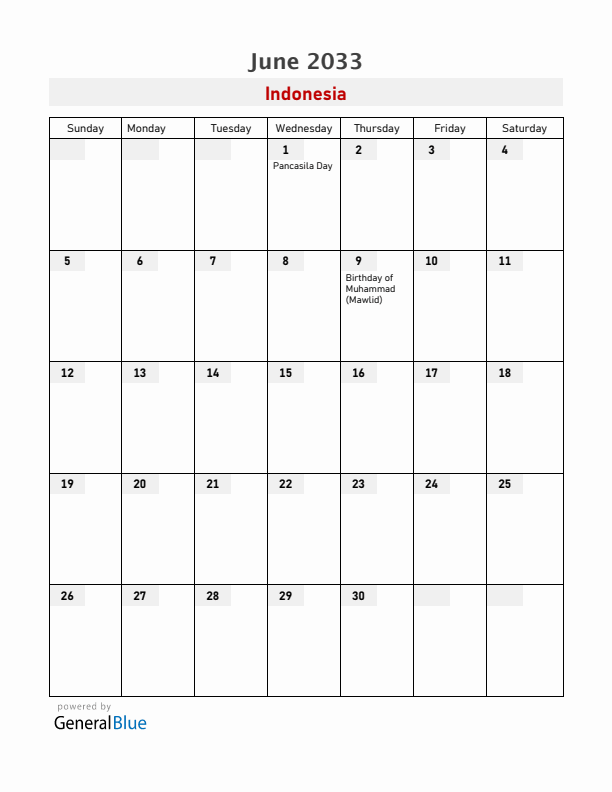 Indonesia June 2033 Calendar with Holidays