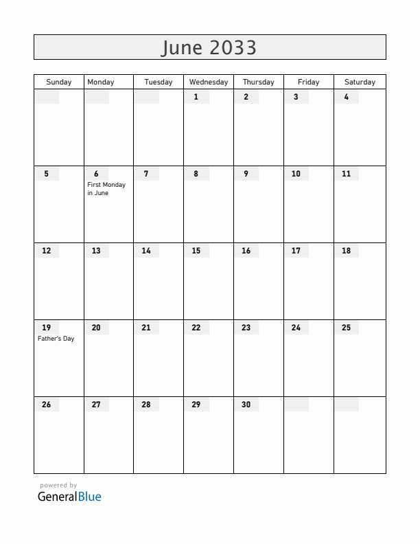 Ireland June 2033 Calendar with Holidays
