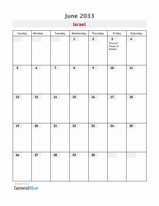 Israel June 2033 Calendar with Holidays