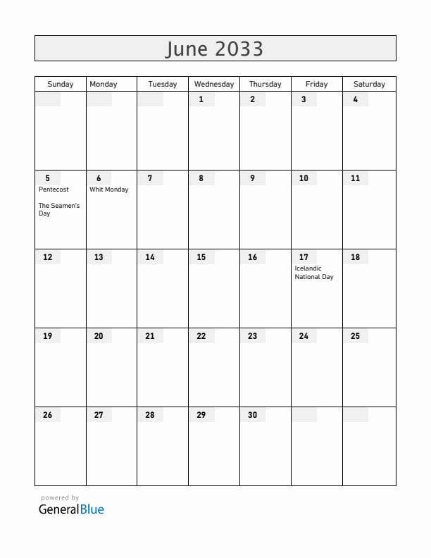 Iceland June 2033 Calendar with Holidays