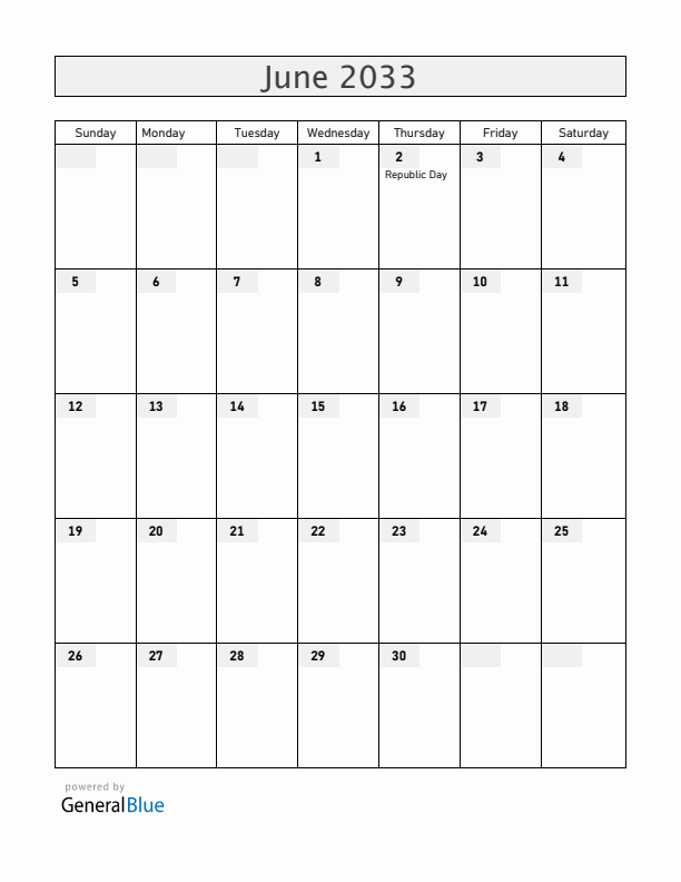 Italy June 2033 Calendar with Holidays