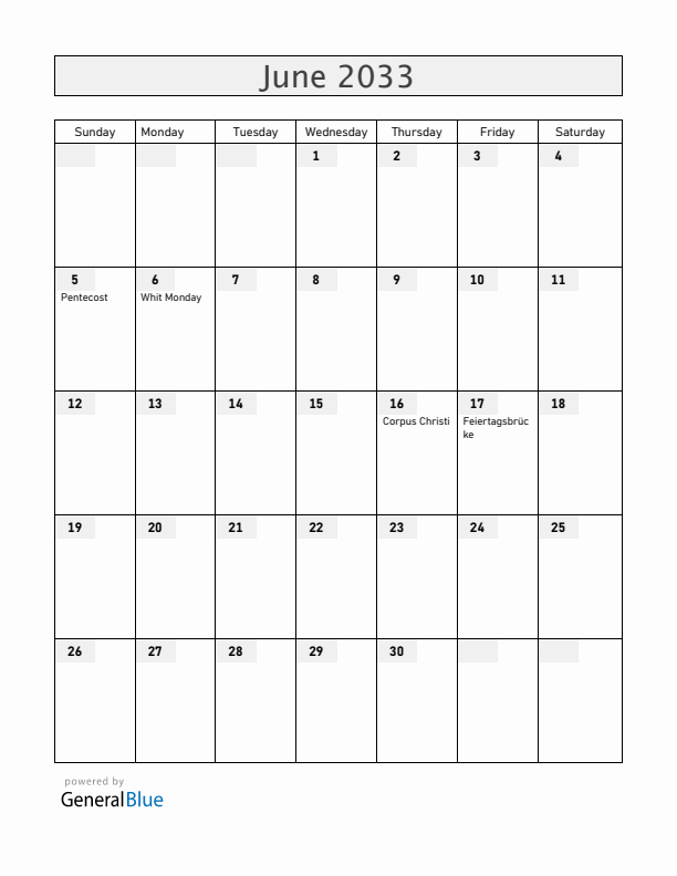 Liechtenstein June 2033 Calendar with Holidays
