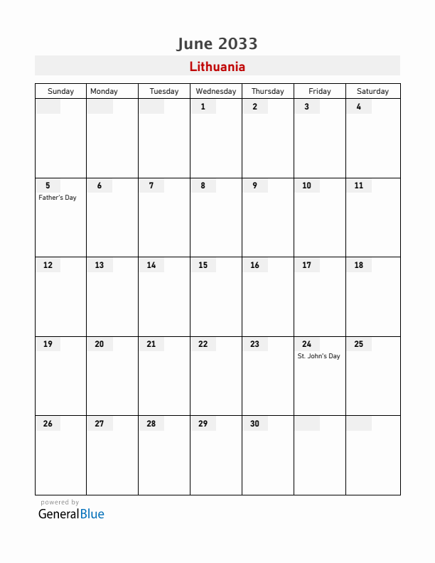 Lithuania June 2033 Calendar with Holidays