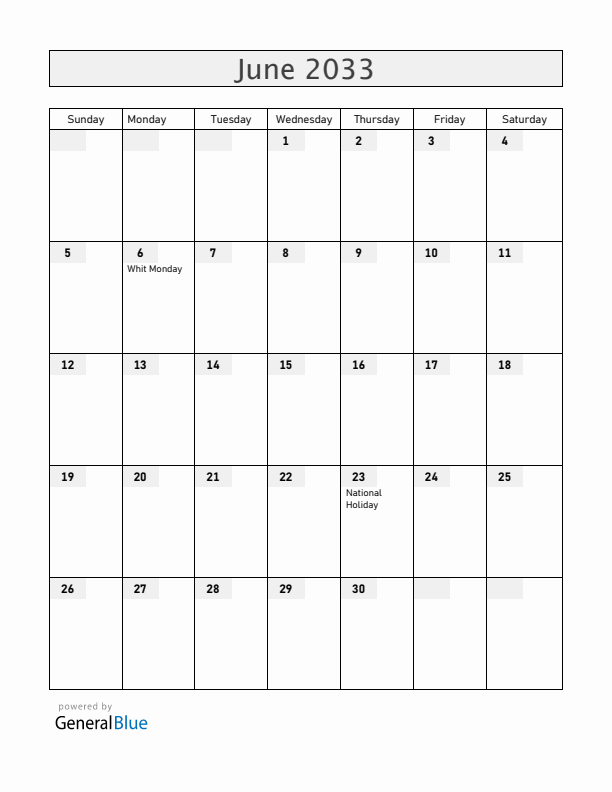 Luxembourg June 2033 Calendar with Holidays