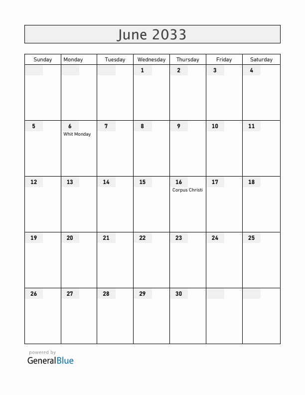 Monaco June 2033 Calendar with Holidays