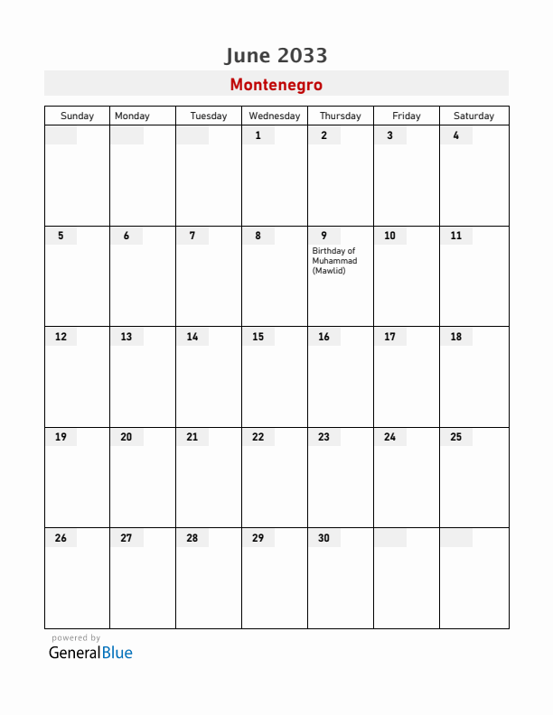 Montenegro June 2033 Calendar with Holidays