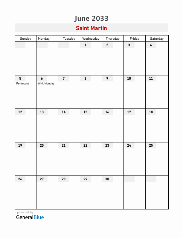 Saint Martin June 2033 Calendar with Holidays