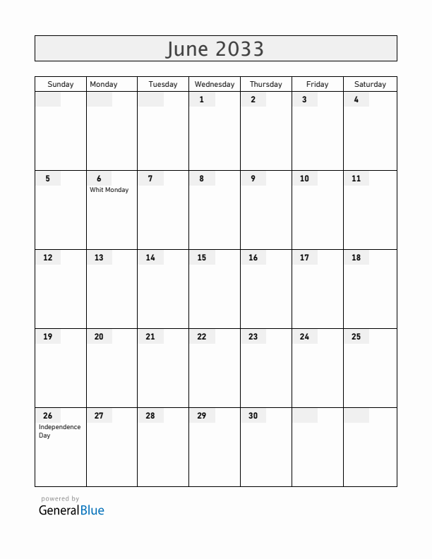 Madagascar June 2033 Calendar with Holidays