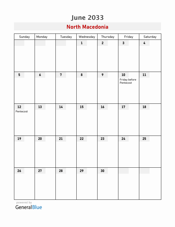North Macedonia June 2033 Calendar with Holidays