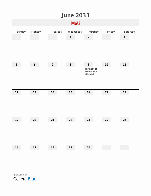 Mali June 2033 Calendar with Holidays