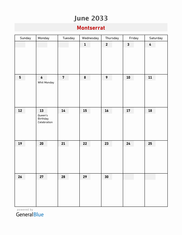 Montserrat June 2033 Calendar with Holidays
