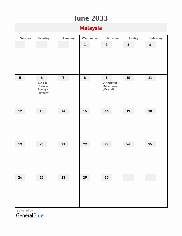 Malaysia June 2033 Calendar with Holidays
