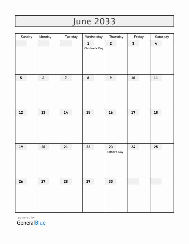 Nicaragua June 2033 Calendar with Holidays