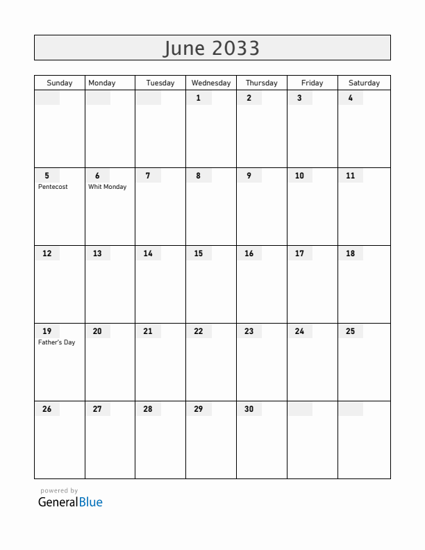 The Netherlands June 2033 Calendar with Holidays