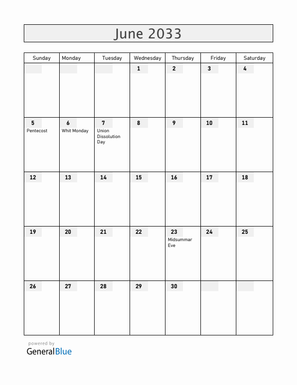 Norway June 2033 Calendar with Holidays