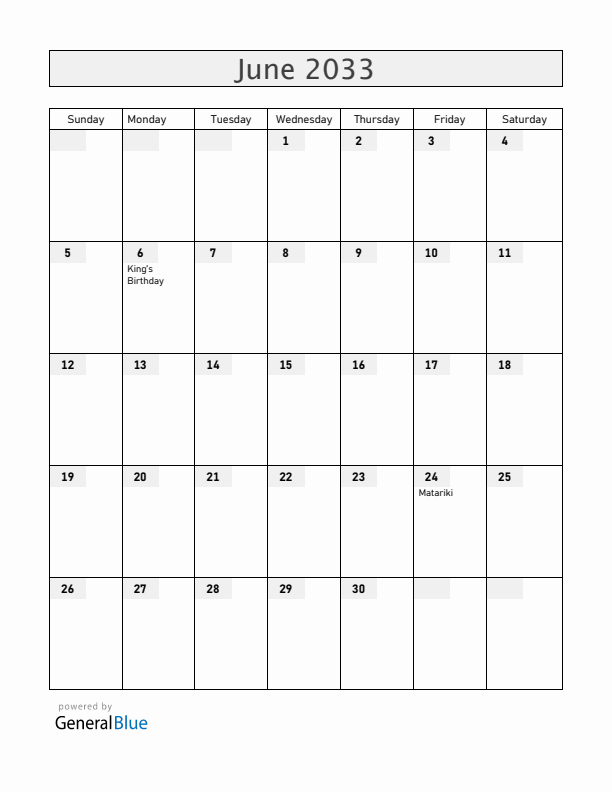 New Zealand June 2033 Calendar with Holidays