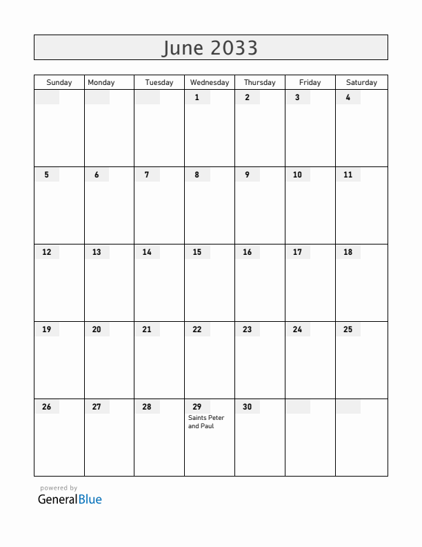 Peru June 2033 Calendar with Holidays
